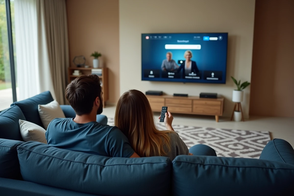 Couple choisissant une offre streaming Canal+ &eacute;conomique devant leur t&eacute;l&eacute;vision dans un salon contemporain
