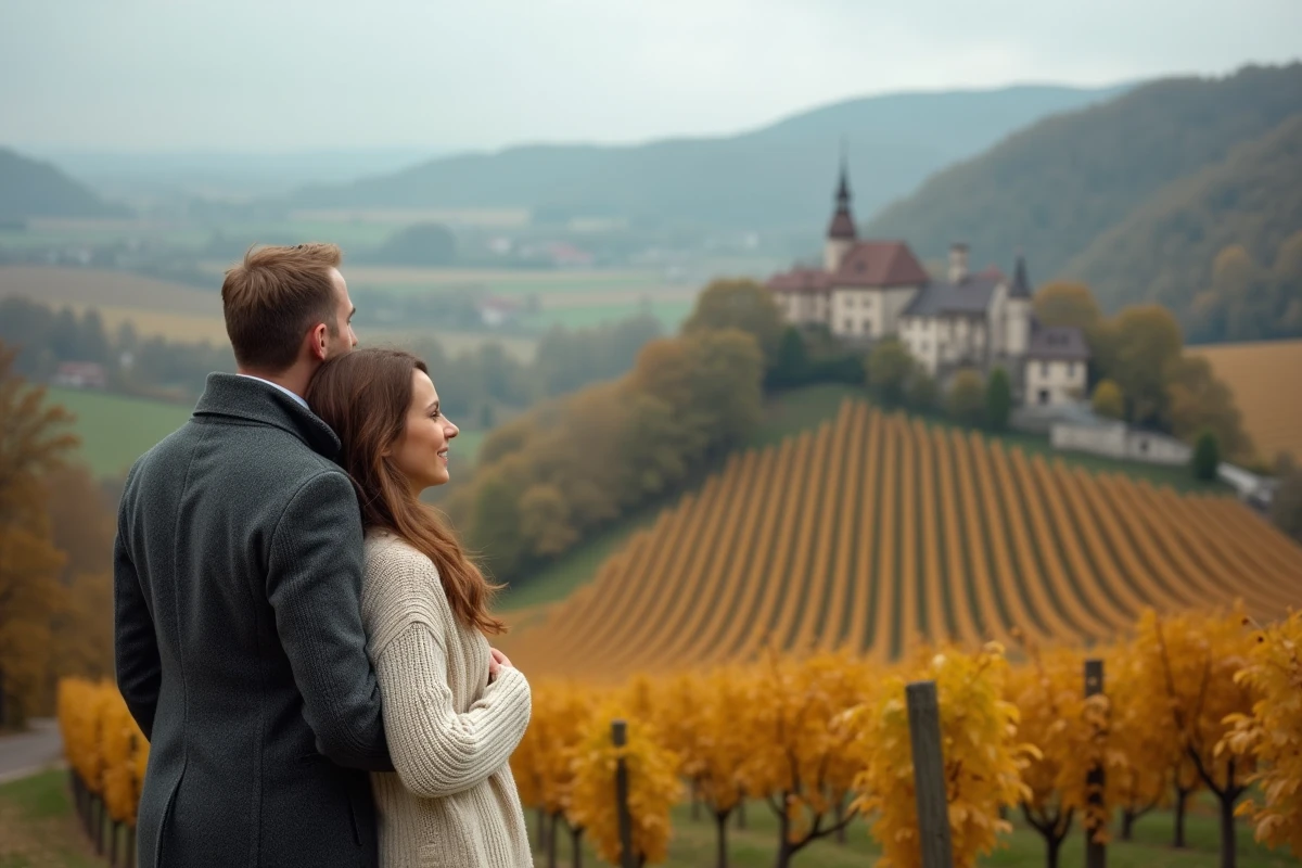 Couple contemplant le paysage romantique de la route des vins d'Alsace depuis un belv&eacute;d&egrave;re entour&eacute; de vignobles dor&eacute;s en automne