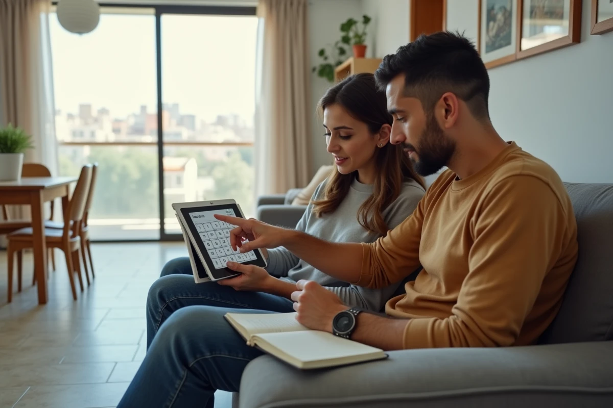 Couple alg&eacute;rien calculant le nombre de jours depuis leur naissance sur une tablette dans leur salon