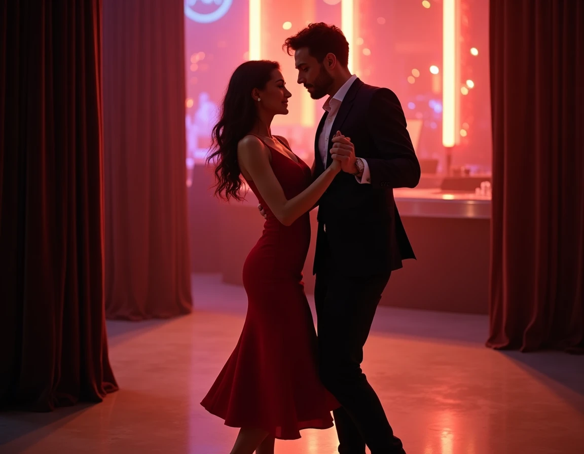 Couple qui danse dans un club &eacute;lectro haut de gamme &agrave; Perpignan, ambiance &eacute;l&eacute;gante et feutr&eacute;e