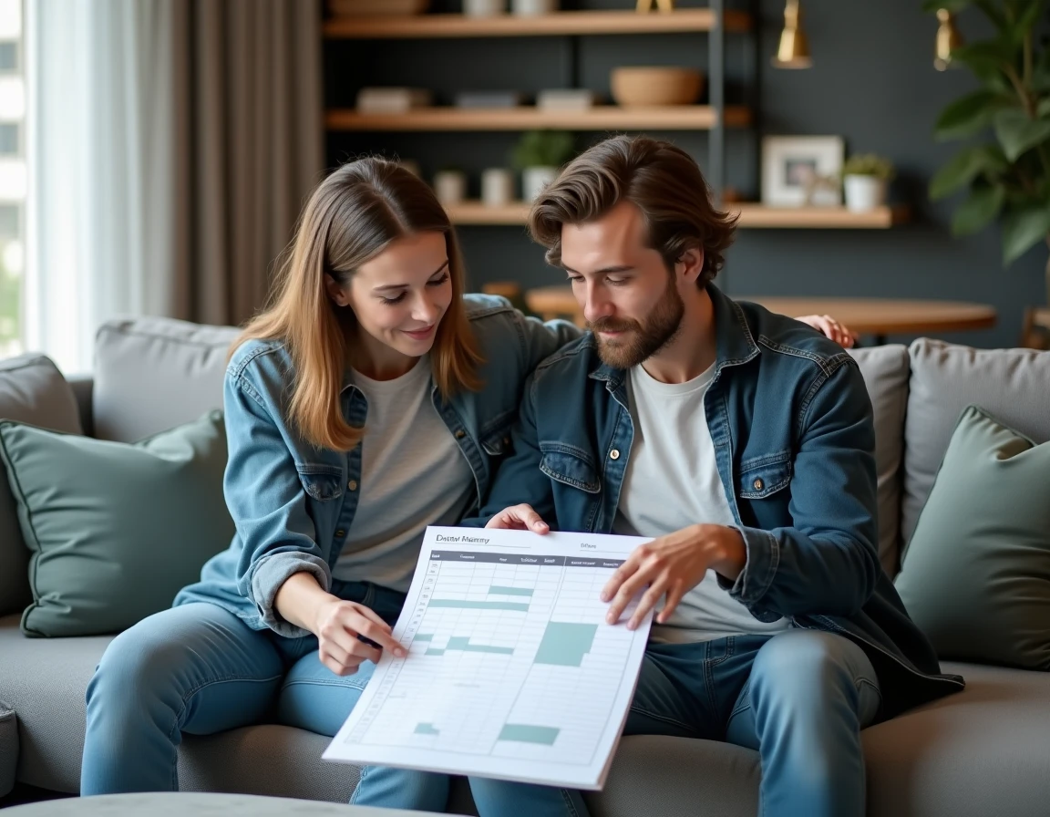 Couple planifiant ensemble leur budget mensuel avec un planning imprim&eacute; pos&eacute; sur une table basse dans un salon moderne