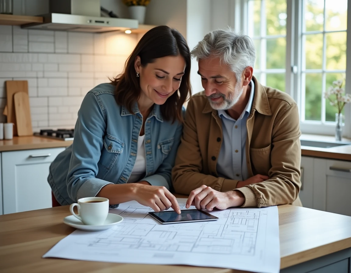 Couple &eacute;tudiant les plans de leur maison et utilisant une tablette pour d&eacute;poser un permis de construire en ligne