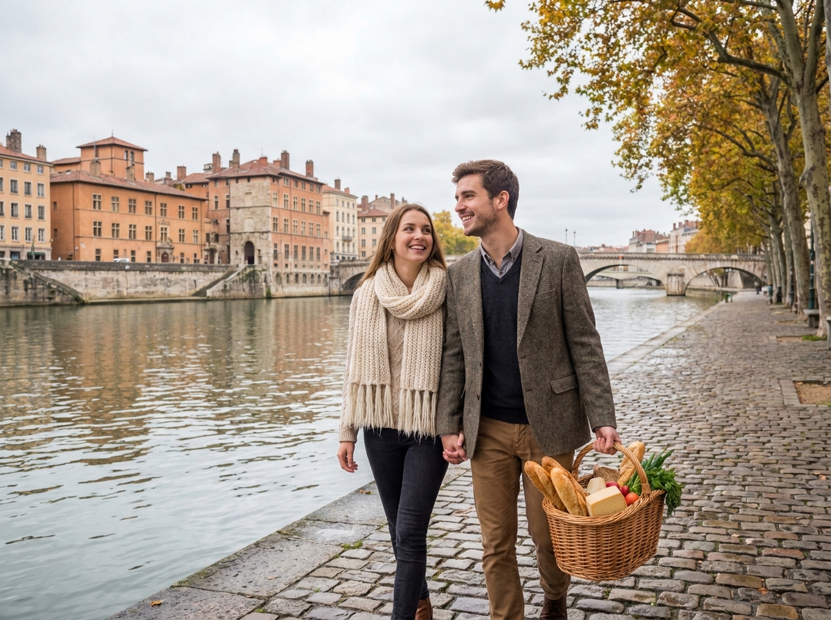 Couple se promenant sur les quais de Saône à Lyon avec un panier du marché, architecture Renaissance en arrière-plan