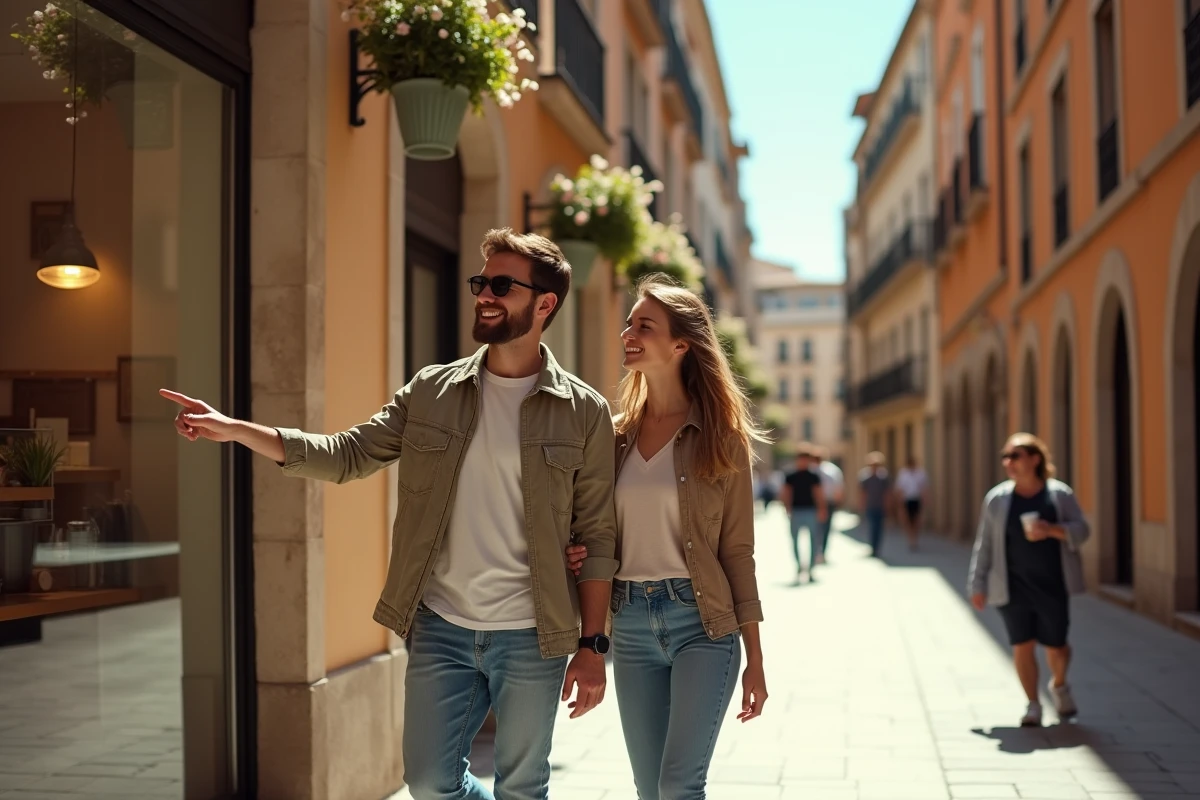 Couple se promenant dans une rue commer&ccedil;ante pi&eacute;tonne de Montpellier avec des boutiques ouvertes