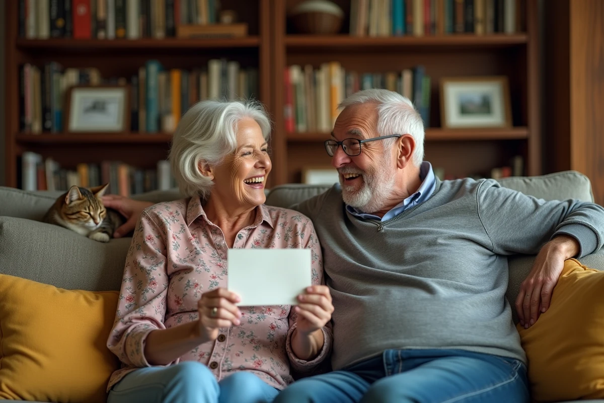 Couple de seniors qui s'amuse avec une citation humoristique sur leur canap&eacute; dans un salon chaleureux et personnel
