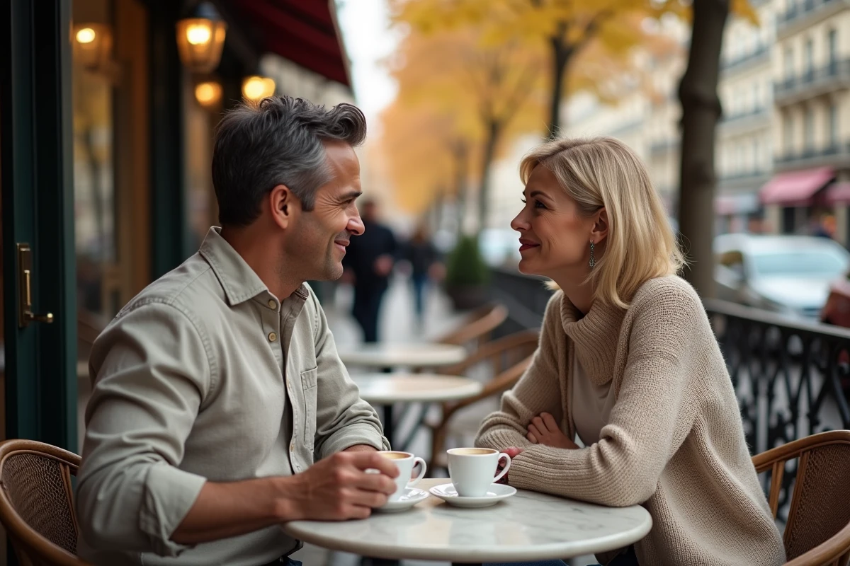 Couple complice attablé en terrasse parisienne à l'automne, moment de vie intime et naturel