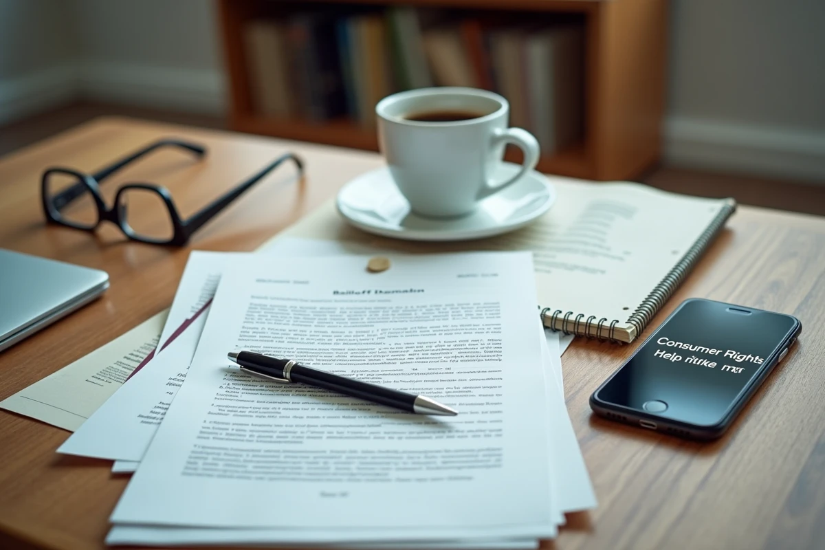 Gros plan sur des courriers officiels d'huissier pos&eacute;s sur un bureau avec des notes manuscrites et un t&eacute;l&eacute;phone affichant un num&eacute;ro d'aide gratuite