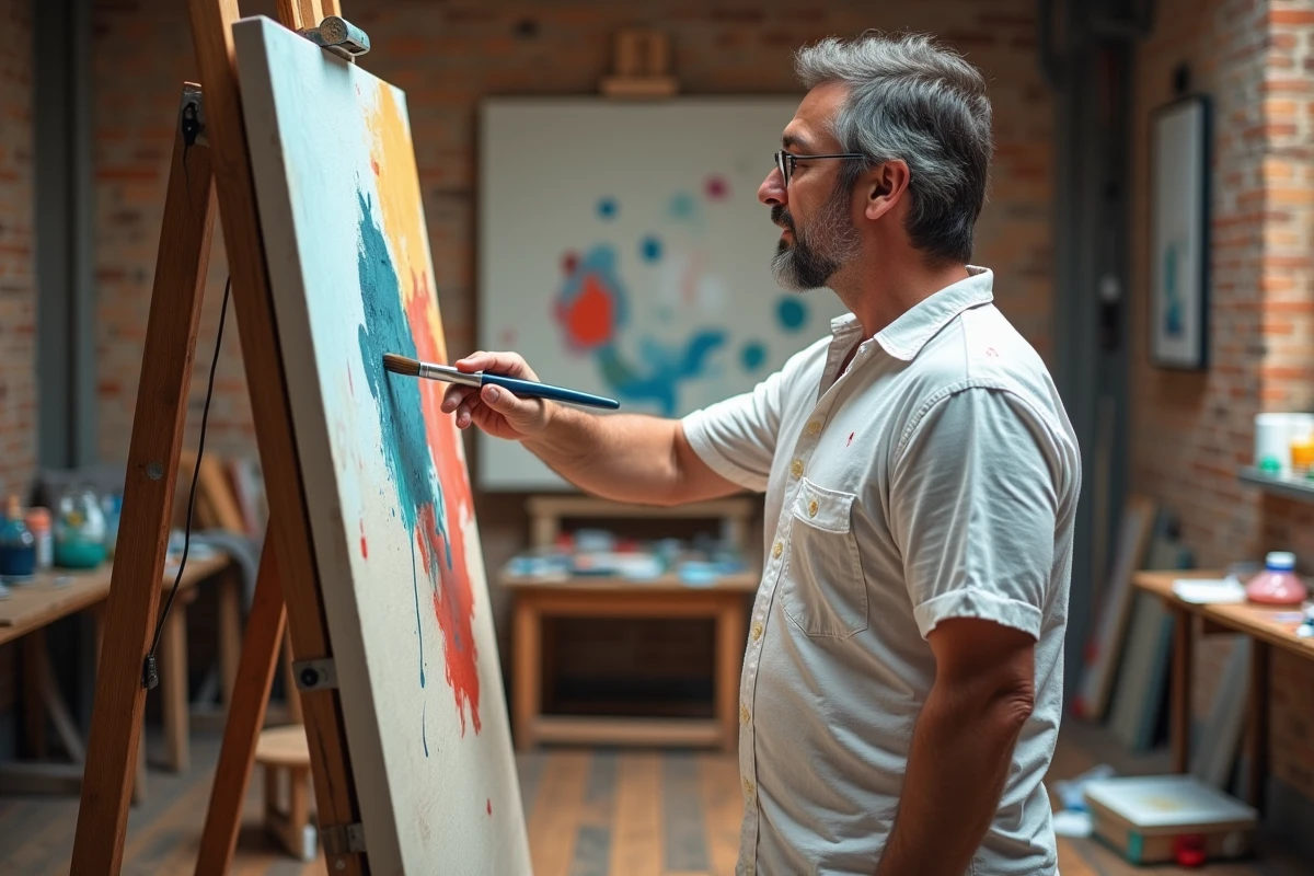 Homme adulte peignant sur grande toile dans un studio d'art urbain, cadeau activité créative peinture pour adulte