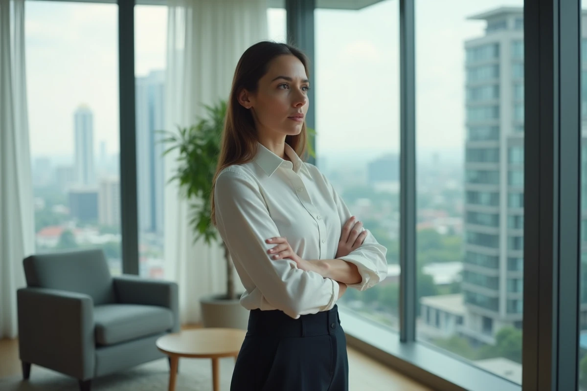 Femme cr&eacute;atrice de contenu pensive debout pr&egrave;s d'une fen&ecirc;tre avec vue sur la ville, symbolisant l'inqui&eacute;tude face aux violations de droits d'auteur en ligne