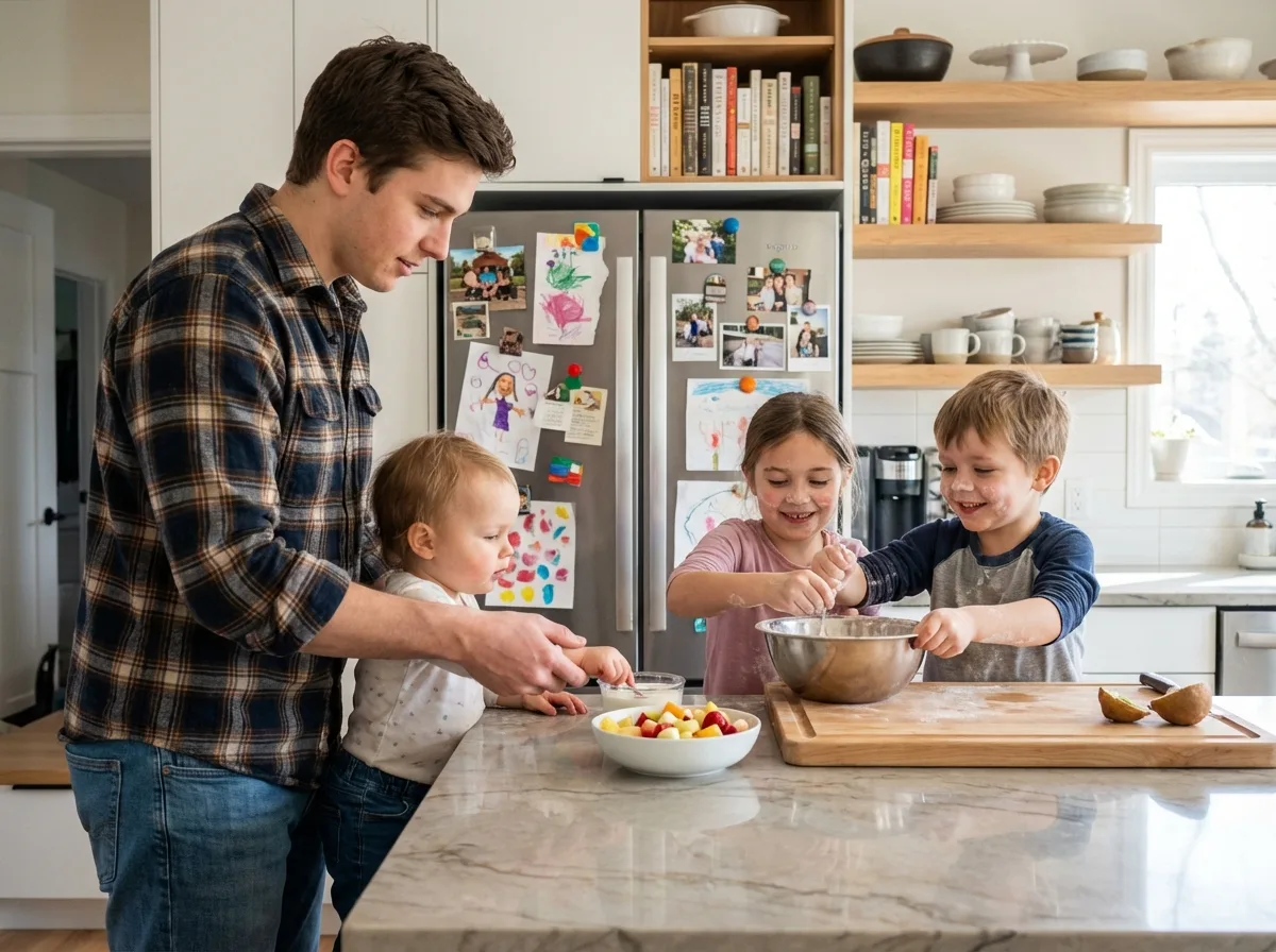 Jeune aidant préparant un snack avec des enfants en cuisine