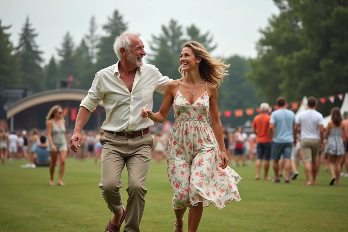 Homme et jeune femme dansant ensemble &agrave; un festival en plein air, symbole du partage musical entre g&eacute;n&eacute;rations