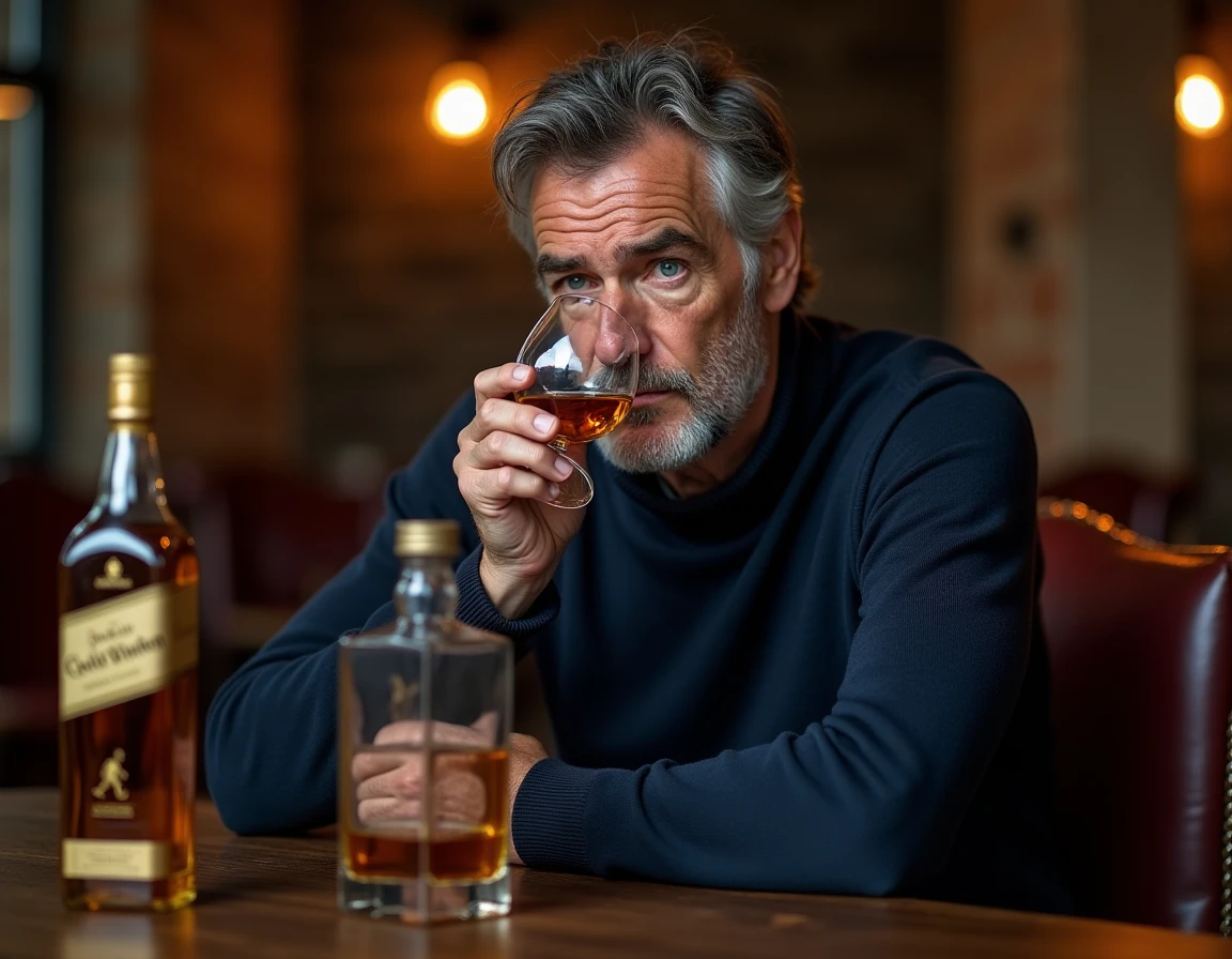 Homme dégustant un verre de whisky Johnnie Walker Gold Label lors d'une séance de dégustation privée