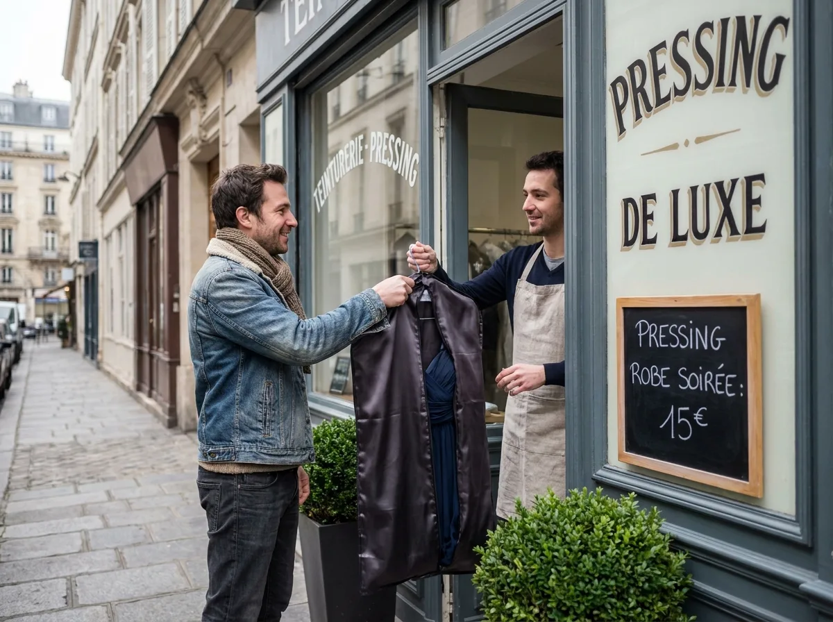 Client d&eacute;posant une robe de soir&eacute;e dans un pressing de quartier parisien, devanture avec ardoise de tarifs, rue haussmannienne