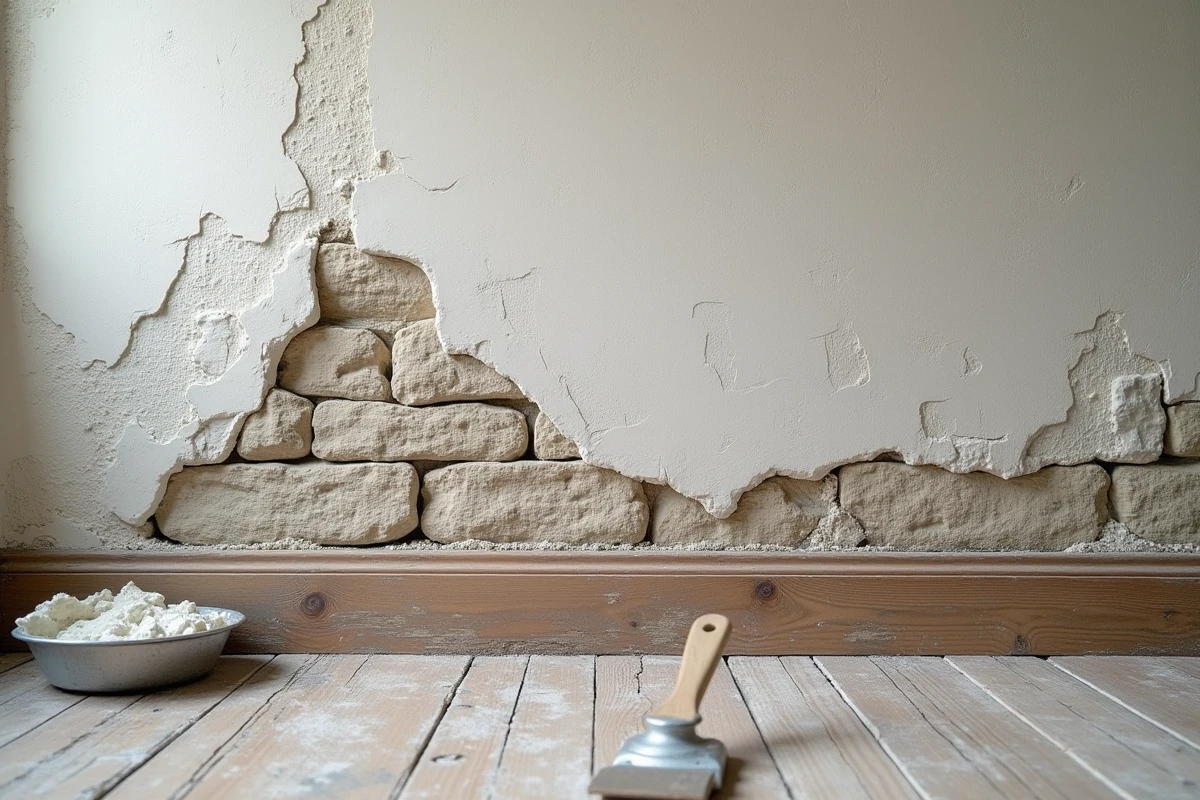 Gros plan sur les différentes couches d'enduit appliquées sur un mur ancien en cours de rénovation