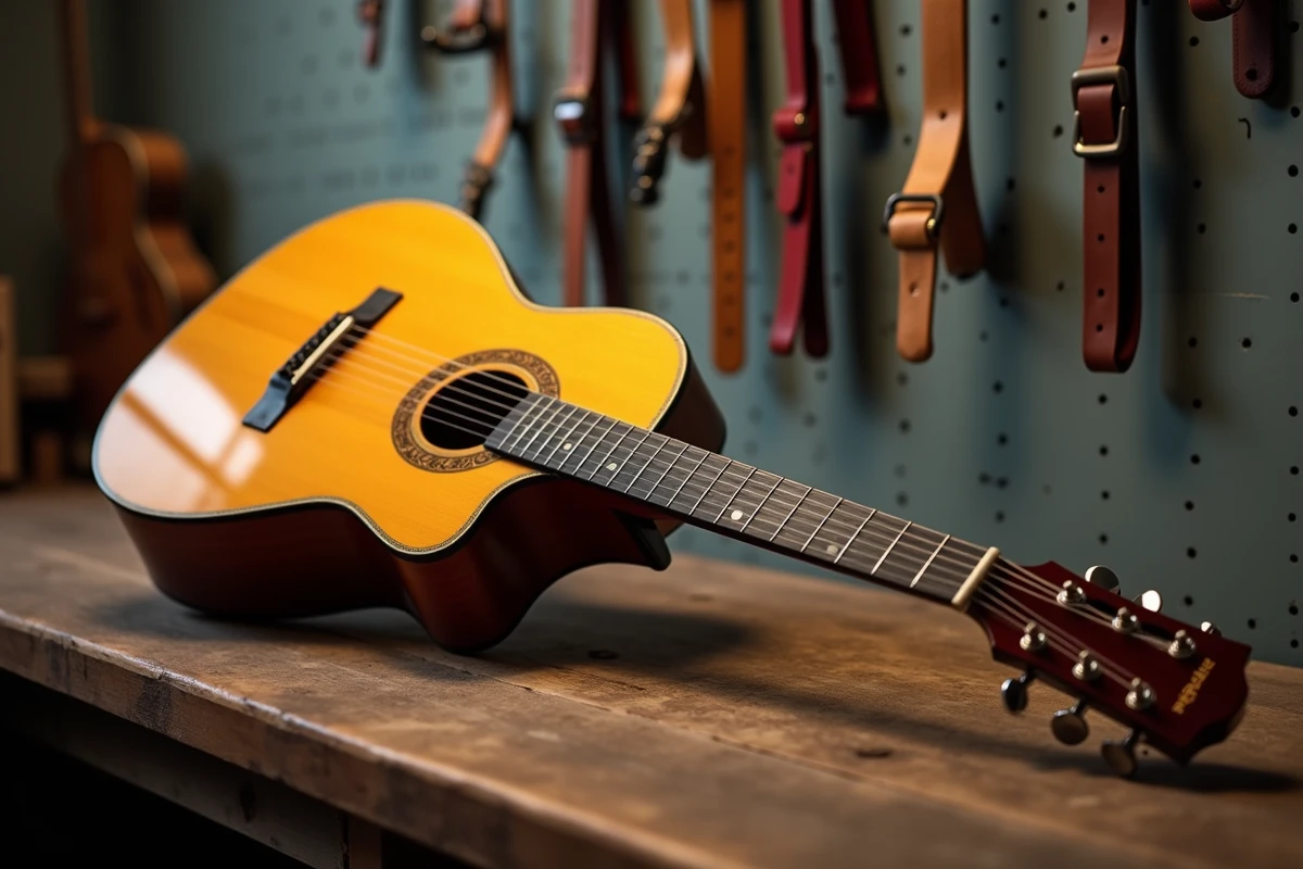 D&eacute;tail d'une guitare classique Atlantic pos&eacute;e sur un &eacute;tabli en bois dans une boutique de musique ind&eacute;pendante