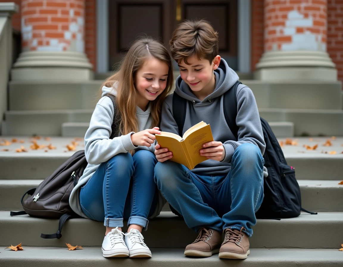 Deux adolescents lisant ensemble un livre de citations assis sur les marches d'une école après les cours