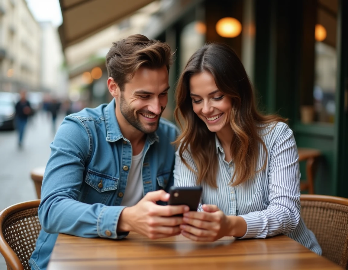 Deux amis regardant ensemble une story Instagram sur smartphone en terrasse de café, contexte d'utilisation des réseaux sociaux et droits à l'enregistrement