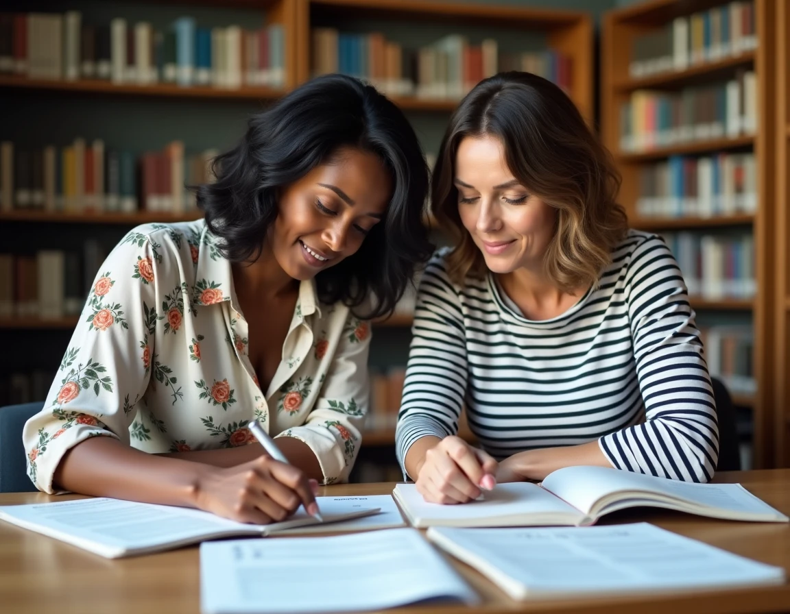 Deux femmes &eacute;tudiant ensemble les 200 questions de naturalisation dans une biblioth&egrave;que publique