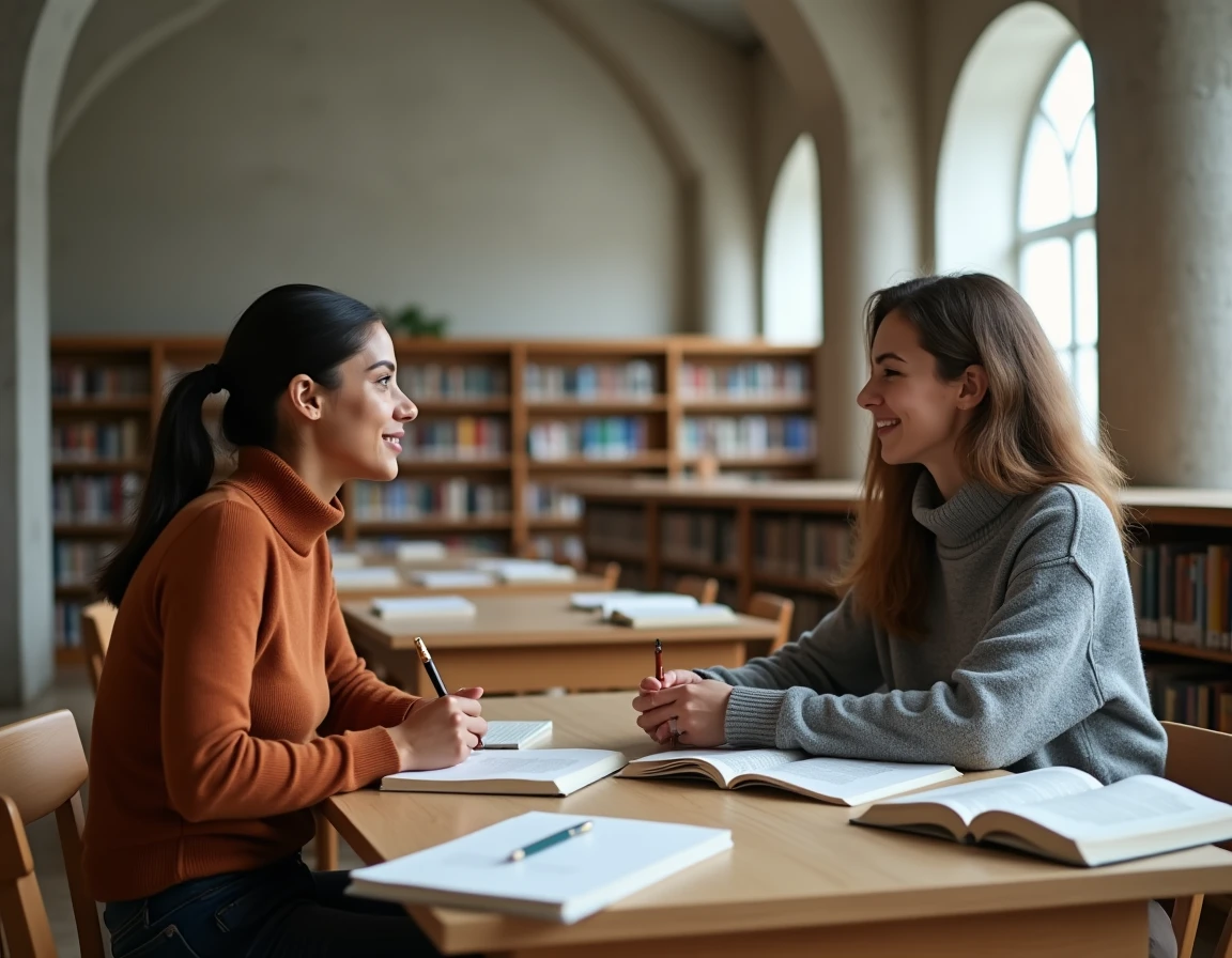 Deux femmes de cultures diff&eacute;rentes en discussion dans une biblioth&egrave;que universitaire, repr&eacute;sentant le dialogue interreligieux et interculturel