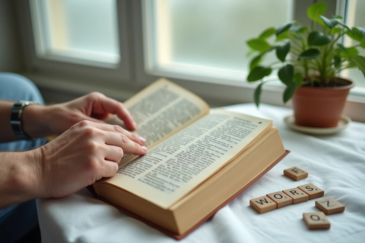 Mains d'une personne &acirc;g&eacute;e consultant un dictionnaire Scrabble ouvert sur les mots en W et Z avec des tuiles en bois
