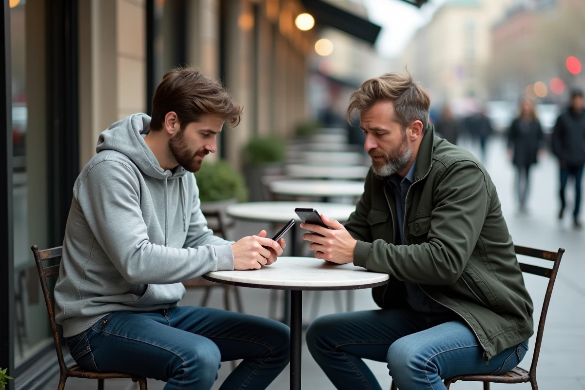Deux hommes comparant leurs strat&eacute;gies et r&eacute;sultats sur smartphone en terrasse de caf&eacute;