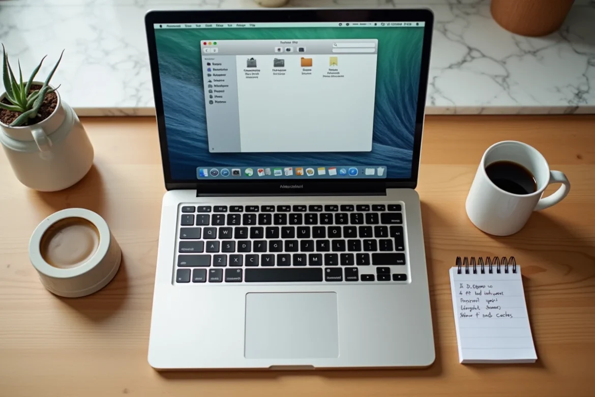 Vue du dessus d'un MacBook Pro affichant les dossiers de cache dans le Finder sur macOS