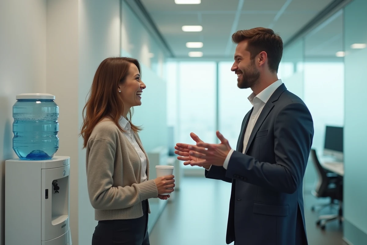 Collègue faisant une blague déplacée à une femme dans un bureau en open space