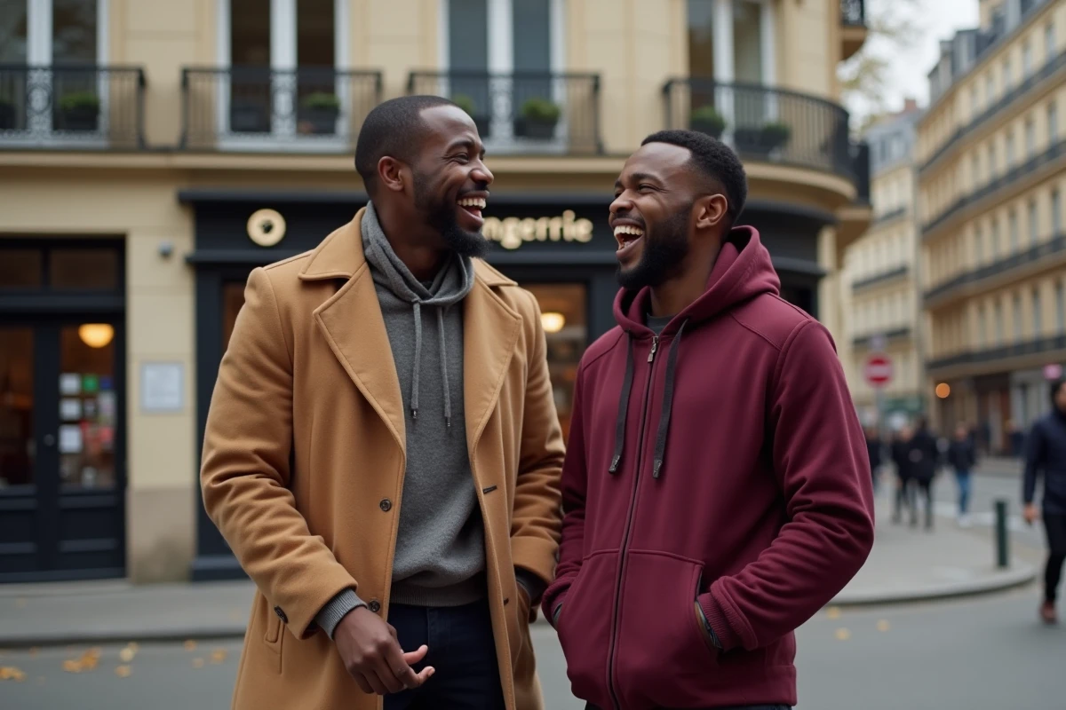 Duo de com&eacute;diens stand-up noirs fran&ccedil;ais riant dans la rue &agrave; Paris en ext&eacute;rieur, ambiance d&eacute;contract&eacute;e et complice