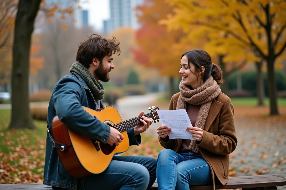 Duo de musiciens en ext&eacute;rieur dans un parc, un guitariste et une chanteuse r&eacute;p&eacute;tant des accords ensemble en automne