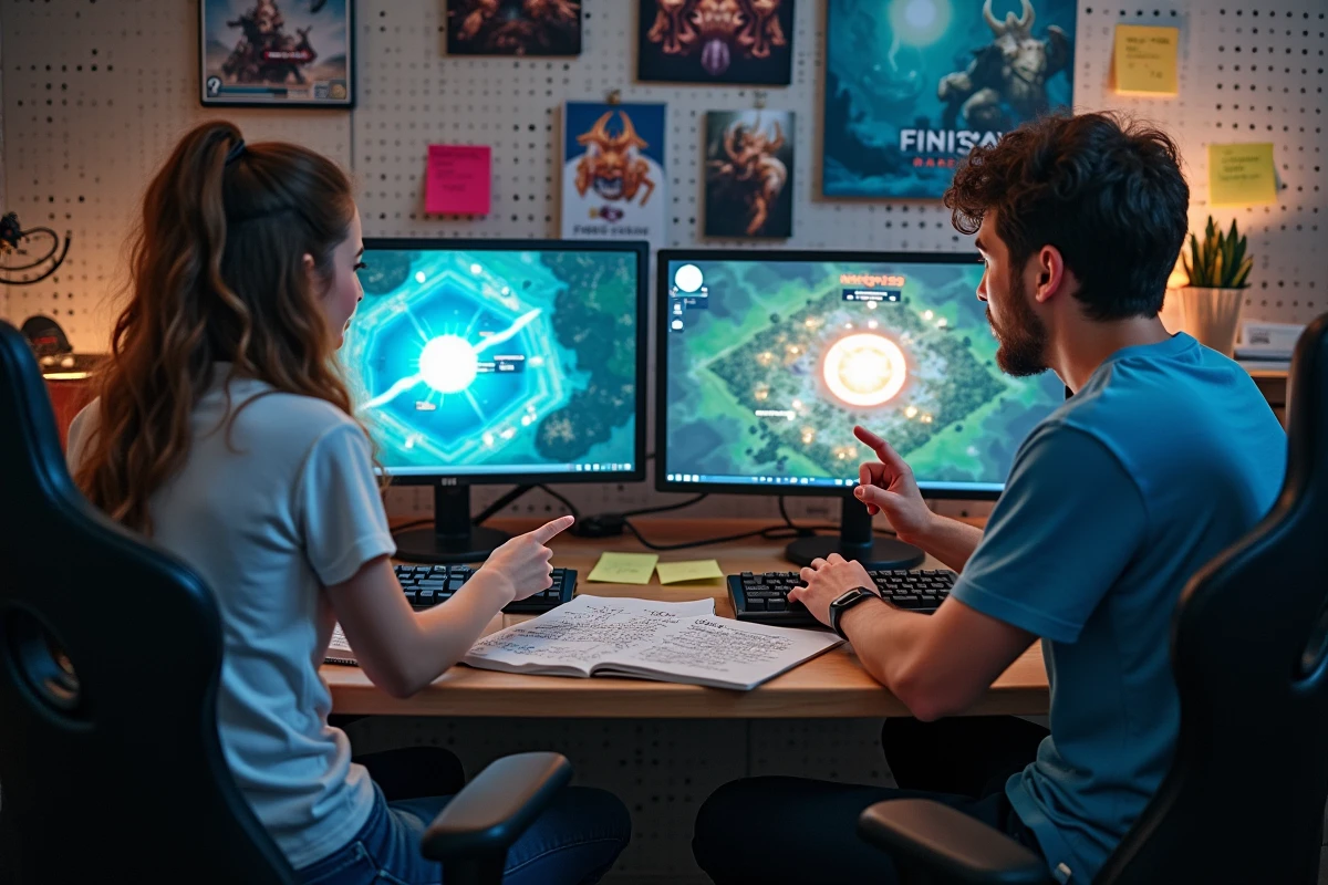 Deux joueurs analysant ensemble une strat&eacute;gie de portails Eliotrope sur un double &eacute;cran gaming