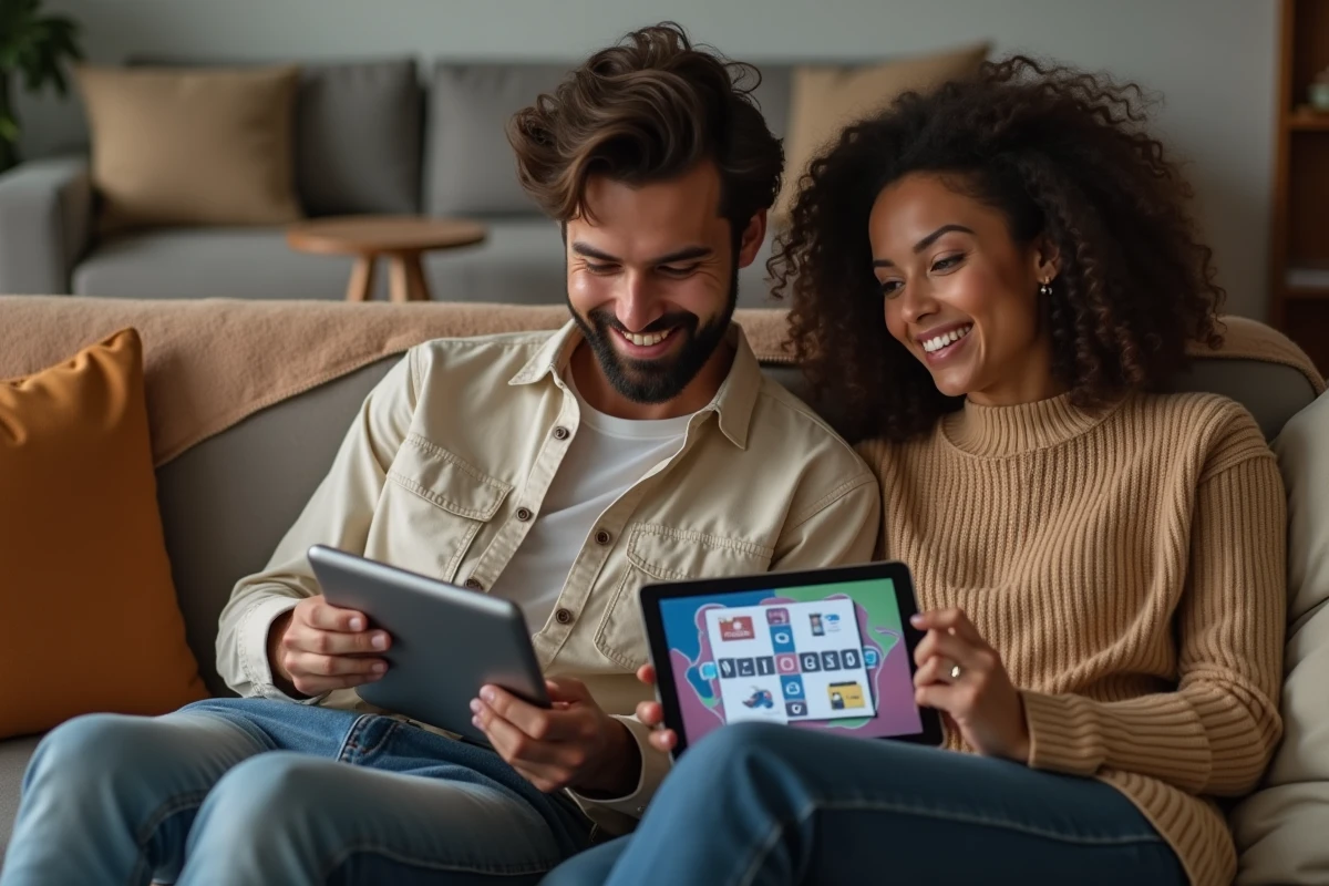 Deux personnes jouant ensemble &agrave; 4 images 1 mot et utilisant un solver pour trouver un mot de 7 lettres sur tablette