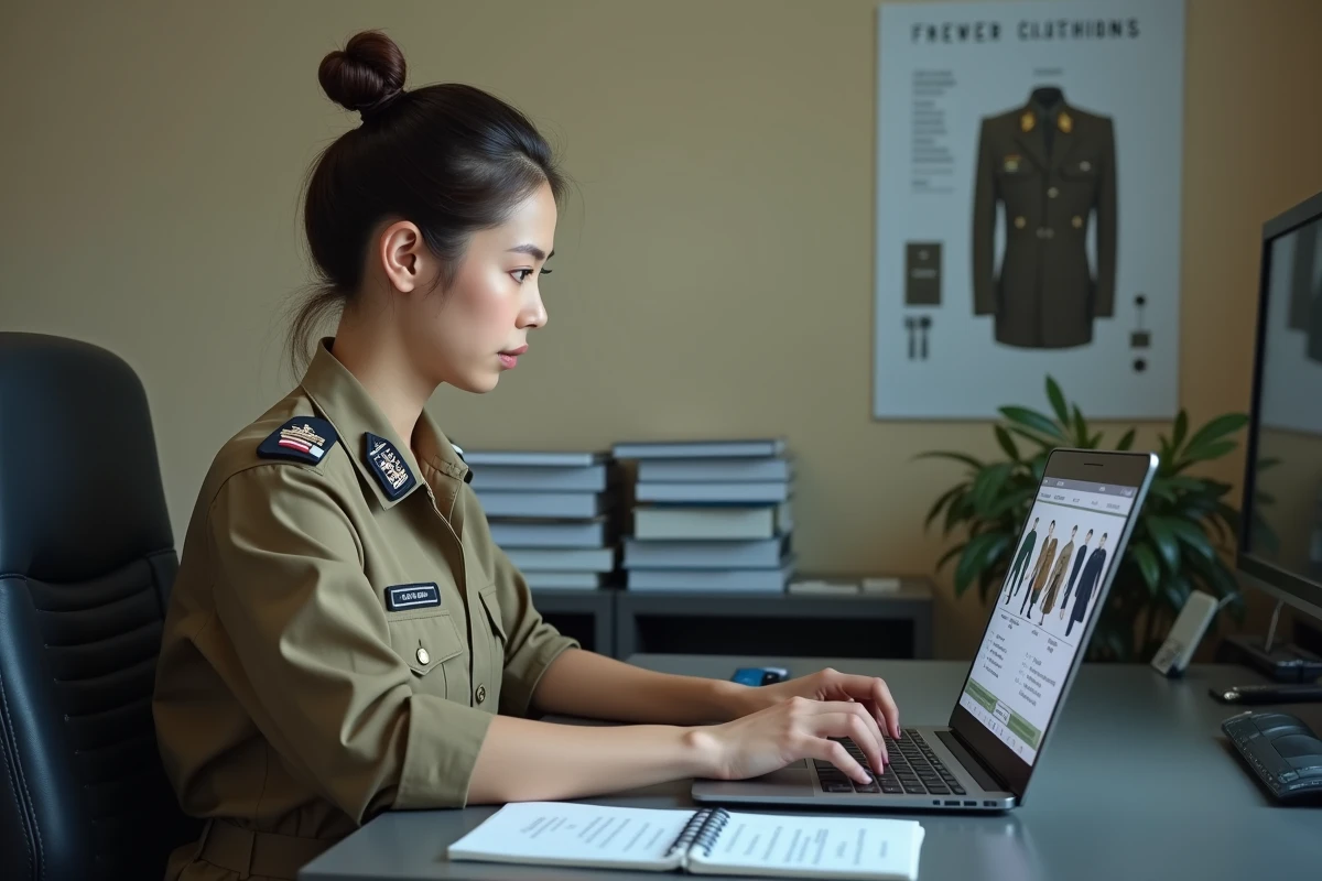 Officière militaire commandant des uniformes sur un site e-habillement régimentaire depuis son bureau