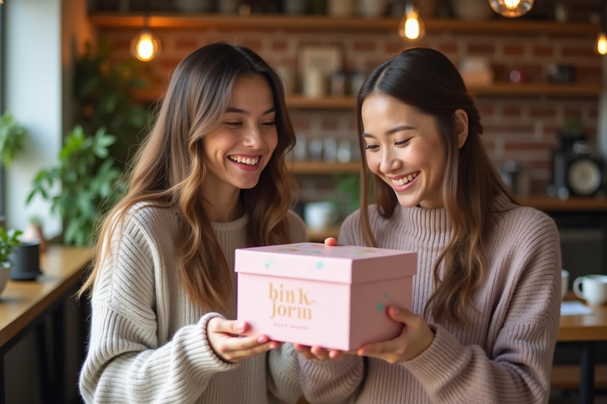 Deux femmes échangeant un cadeau kawaii personnalisé dans un café cosy, réaction de surprise authentique et souriante