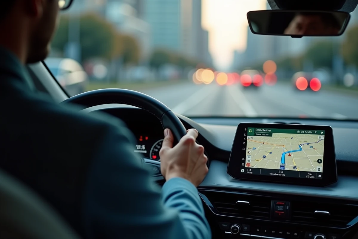 &Eacute;cran GPS int&eacute;gr&eacute; dans un tableau de bord de voiture avec itin&eacute;raire affich&eacute;