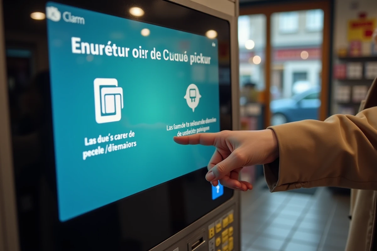 Gros plan sur l'&eacute;cran tactile d'un terminal Coucou Cyber pour retrait ou d&eacute;p&ocirc;t de colis &agrave; Bordeaux avec interface en fran&ccedil;ais
