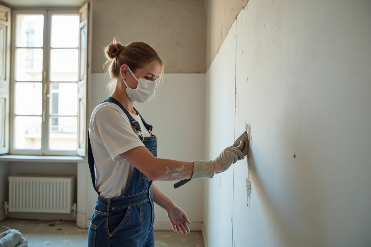 Femme artisan appliquant de l'enduit de jointement sur une cloison Placo nouvellement pos&eacute;e dans un appartement en r&eacute;novation