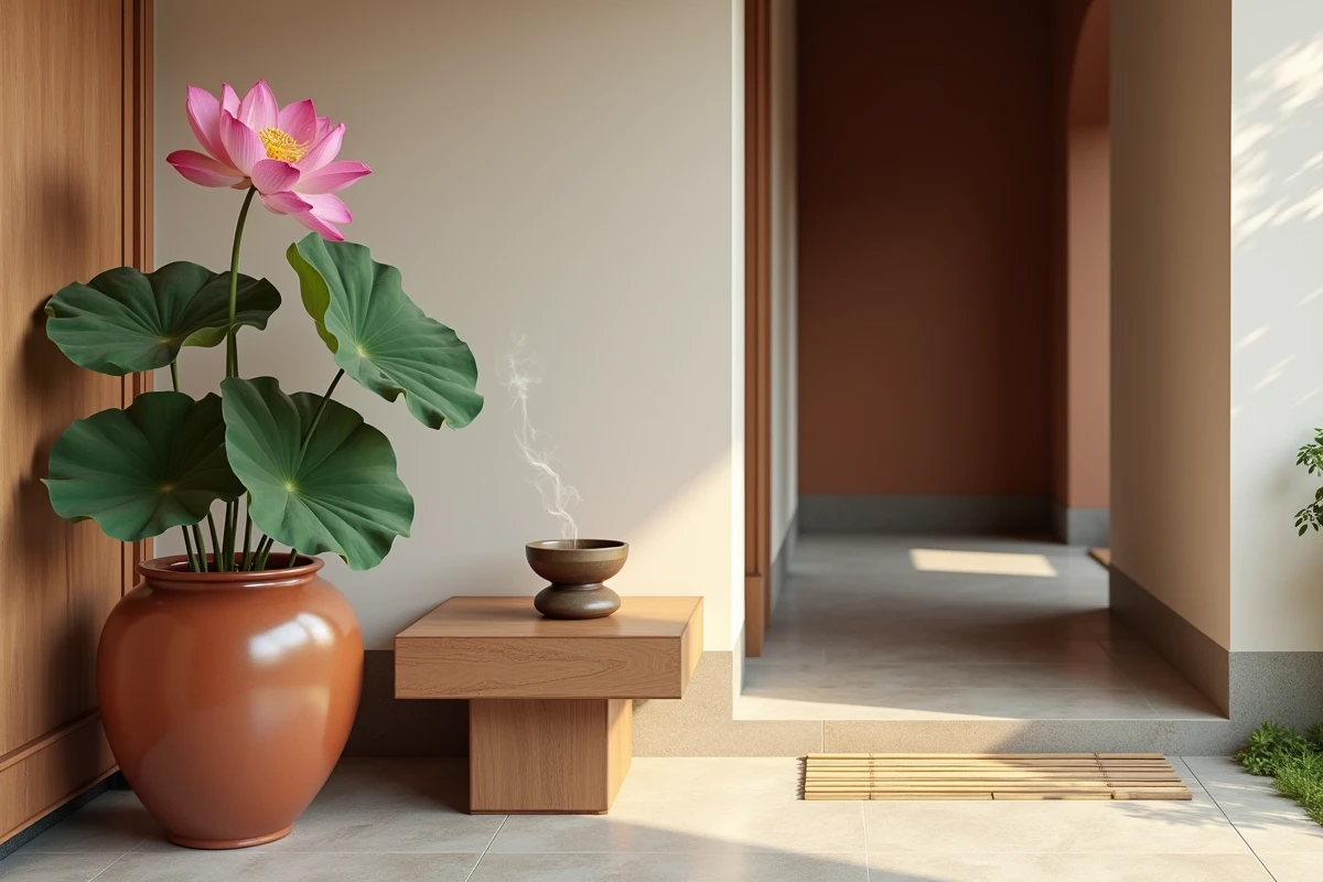 Entr&eacute;e de maison feng shui avec un grand pot en terre cuite abritant un lotus en fleur, b&acirc;tonnet d'encens et bol chantant pour attirer la paix et le renouveau