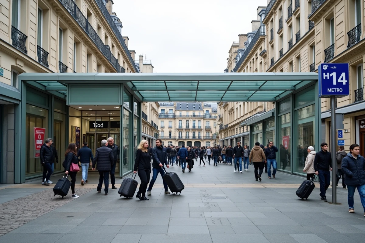 Entrée extérieure d'une station de la ligne 14 du métro de Paris donnant accès à une gare TGV avec signalétique officielle