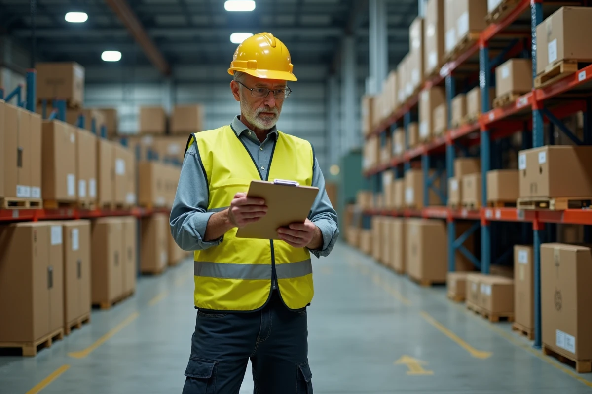 Agent de tri GLS v&eacute;rifiant des colis sur tapis roulant dans un entrep&ocirc;t de logistique en France
