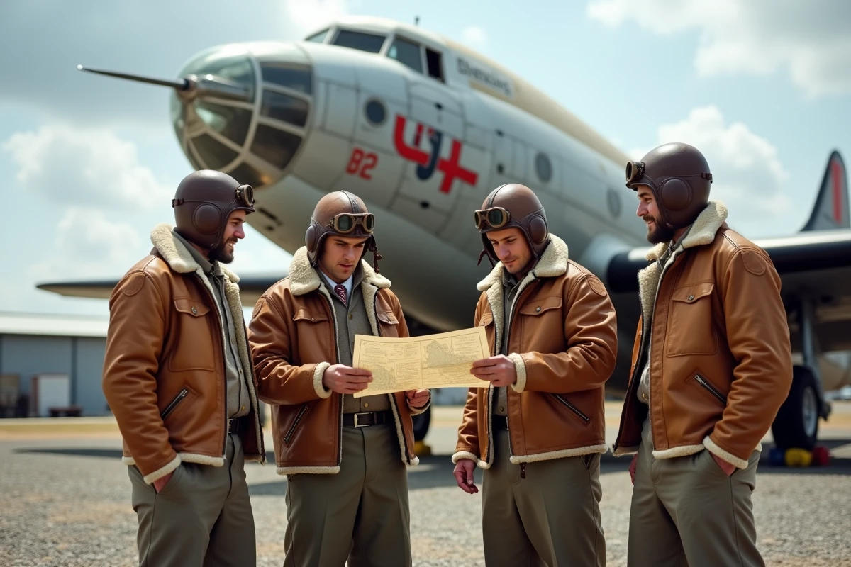 Groupe de passionn&eacute;s en uniformes de l'US Army Air Forces devant le nez d'un Boeing B-17F dans un mus&eacute;e a&eacute;ronautique, portant des vestes de vol A-2 et &eacute;quipements authentiques