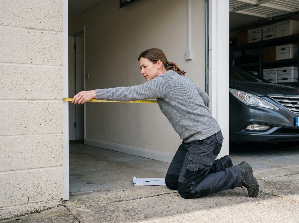 Une femme mesurant l'espace disponible à l'entrée d'un garage avant de choisir le type d'ouverture adapté