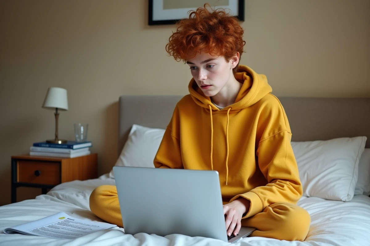 Jeune &eacute;tudiant apprenant la conjugaison du futur et du conditionnel en fran&ccedil;ais sur ordinateur portable dans sa chambre