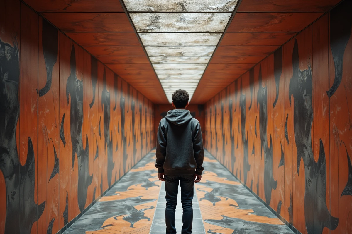 Étudiant en design marchant dans un couloir carrelé inspiré des illusions optiques de tessellation d'Escher