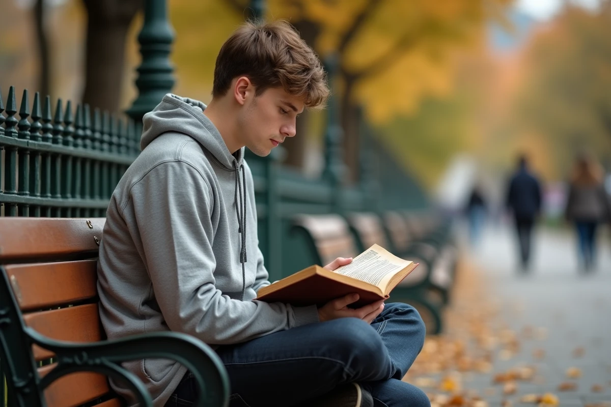 &Eacute;tudiant r&eacute;visant les formes de conjugaison du verbe jouir dans un guide de grammaire fran&ccedil;aise en plein air dans un parc