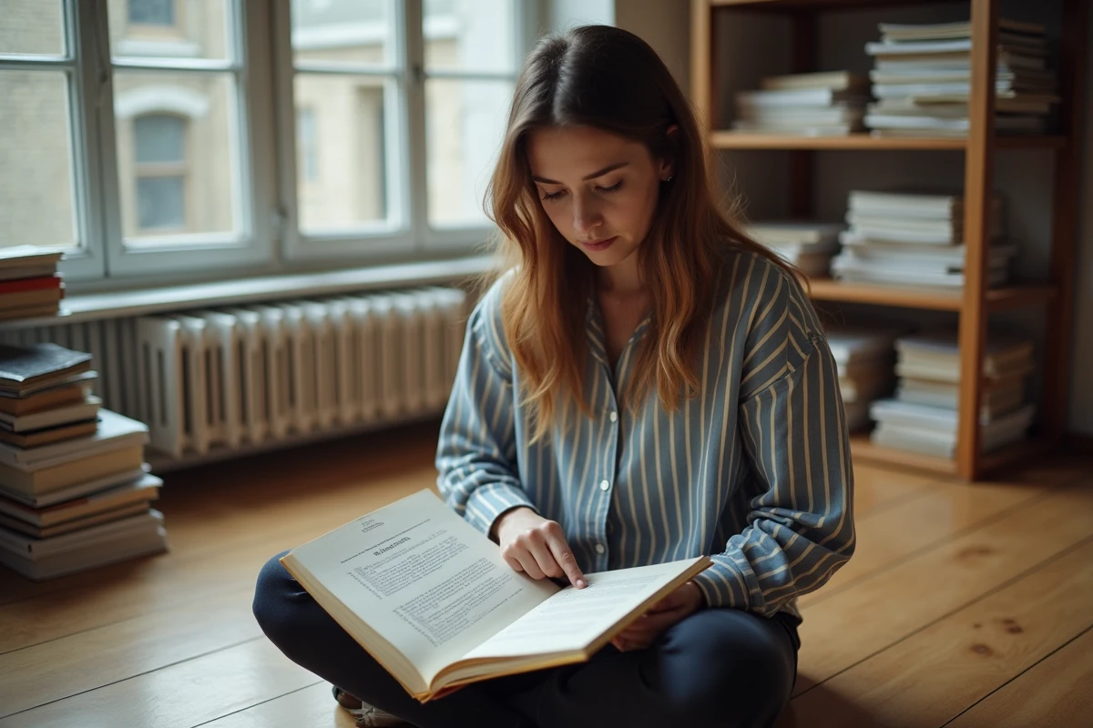 &Eacute;tudiante en art dramatique &eacute;tudiant les didascalies annot&eacute;es dans un script de pi&egrave;ce de th&eacute;&acirc;tre