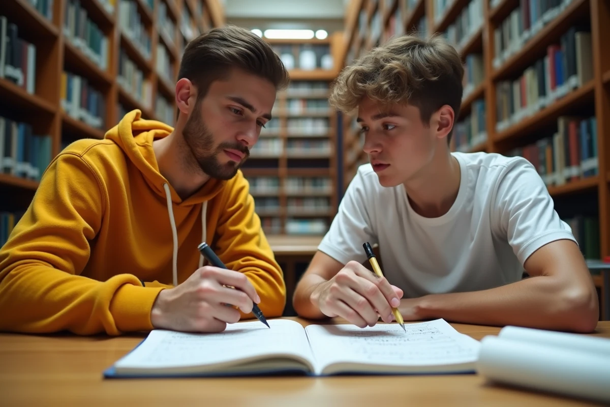 Deux &eacute;tudiants en biblioth&egrave;que discutant de l'orthographe correcte d'un mot not&eacute; dans un cahier avec de nombreuses ratures