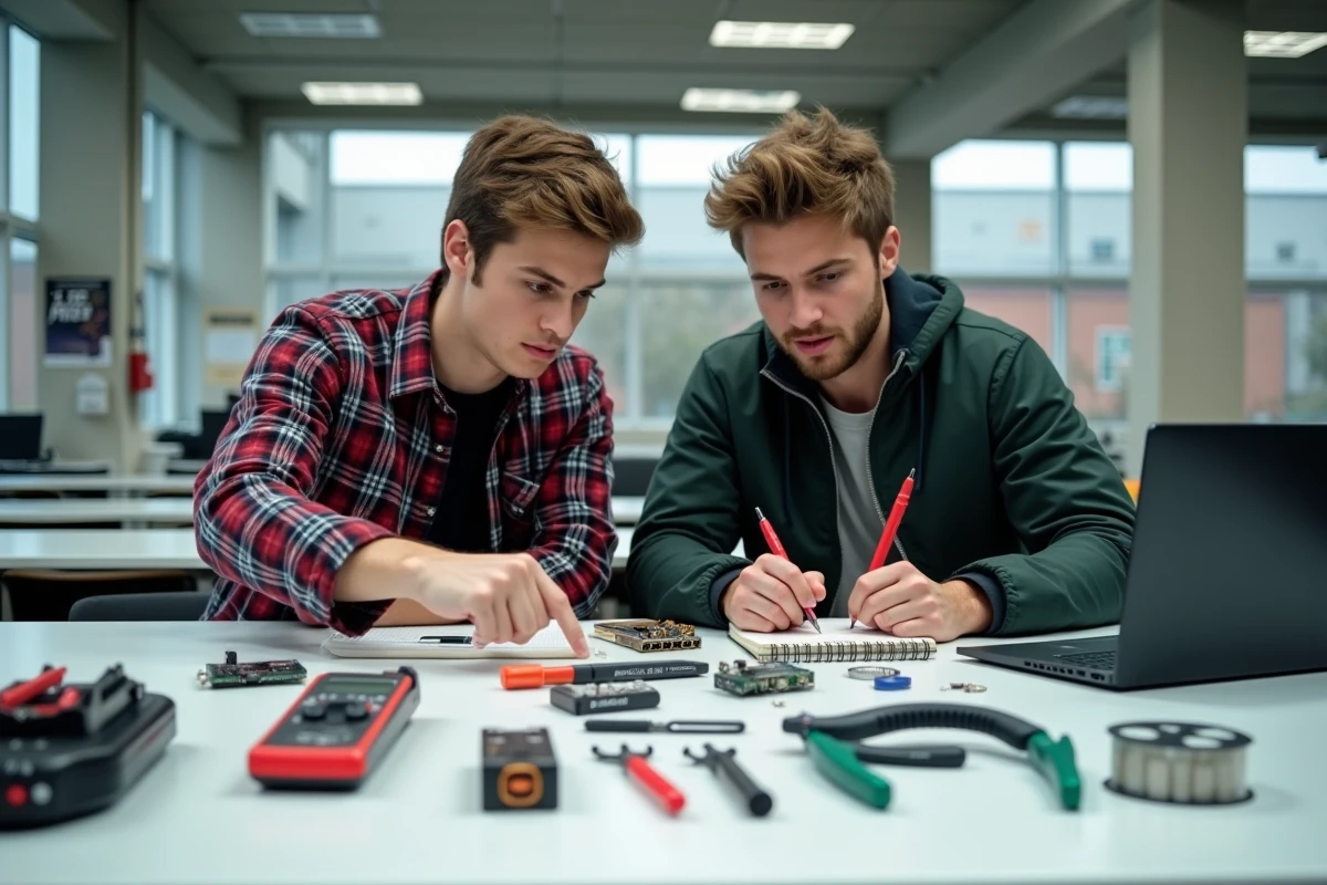 Deux &eacute;tudiants en &eacute;lectronique comparant des outils avec une liste de r&eacute;f&eacute;rence en ligne sur ordinateur portable