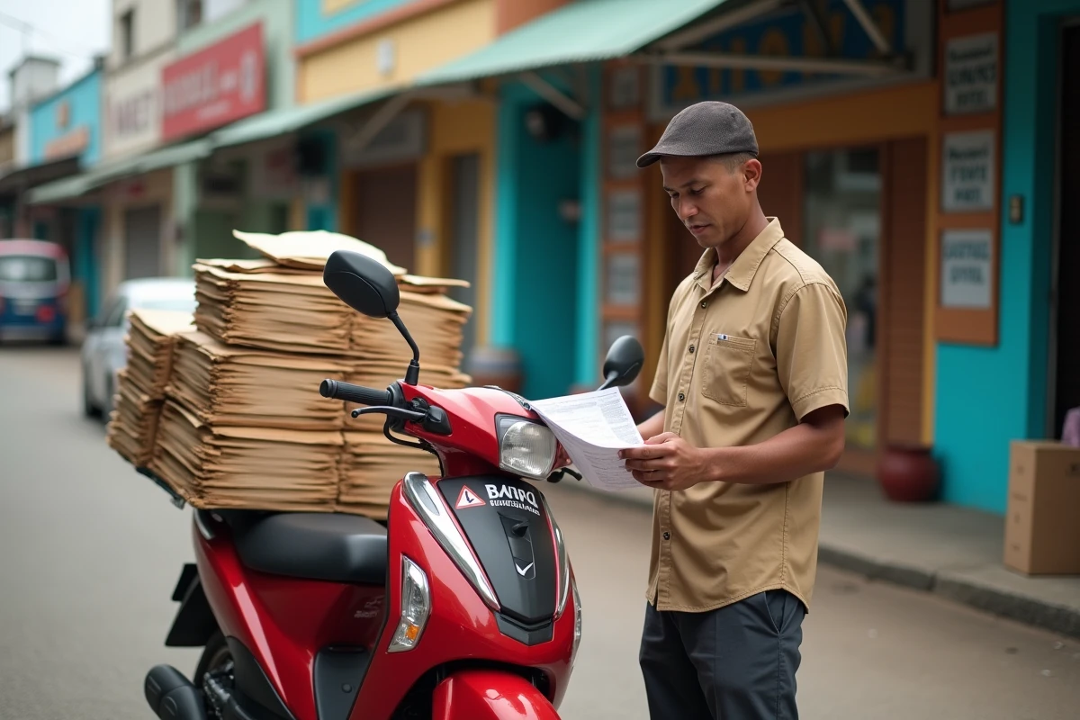 Facteur mauricien sur sa moto de livraison consultant une feuille de route postale dans une rue commerçante de Quatre Bornes