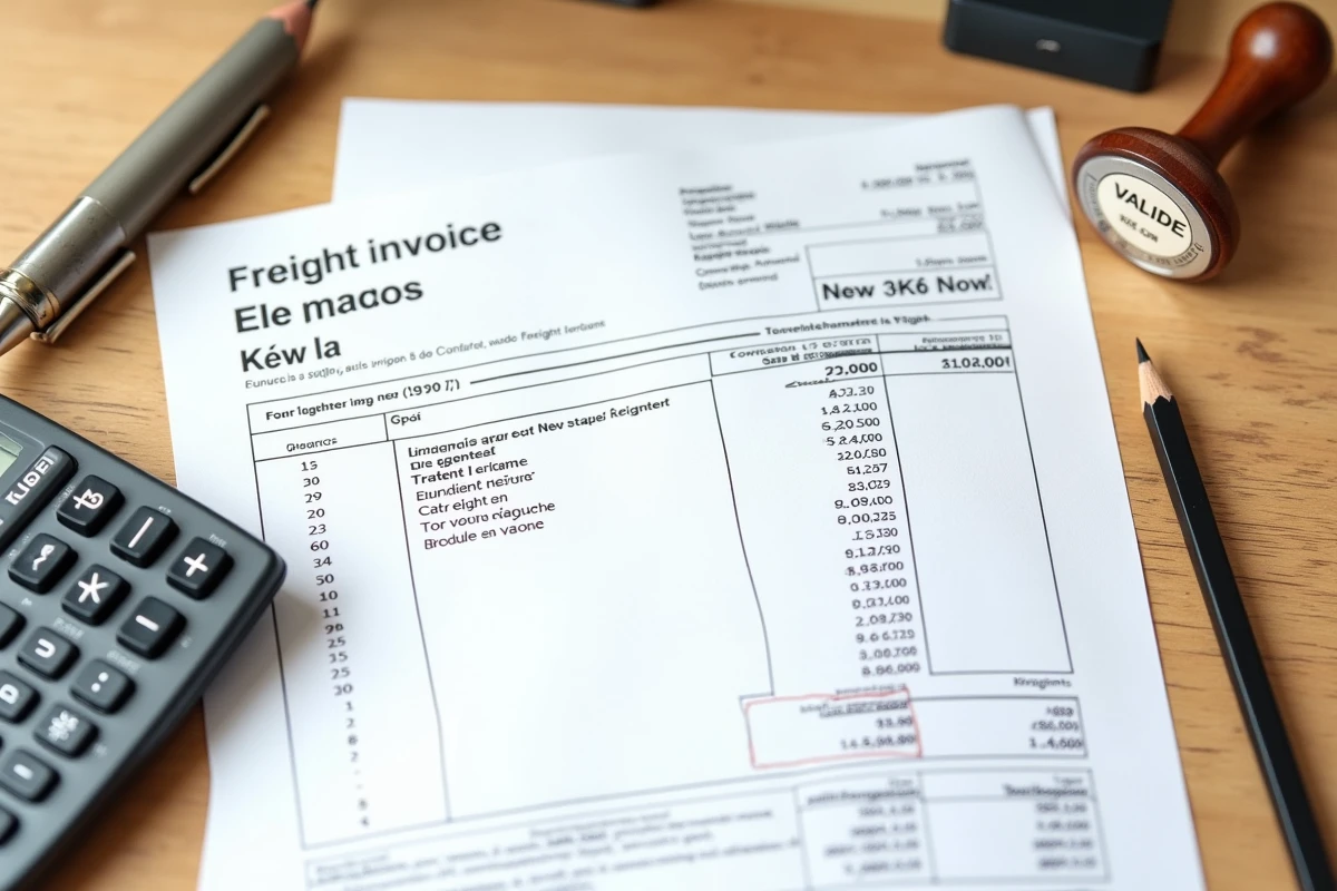 Vue a&eacute;rienne d'une facture professionnelle avec calculs de conversion kilogrammes en tonnes et outils de bureau