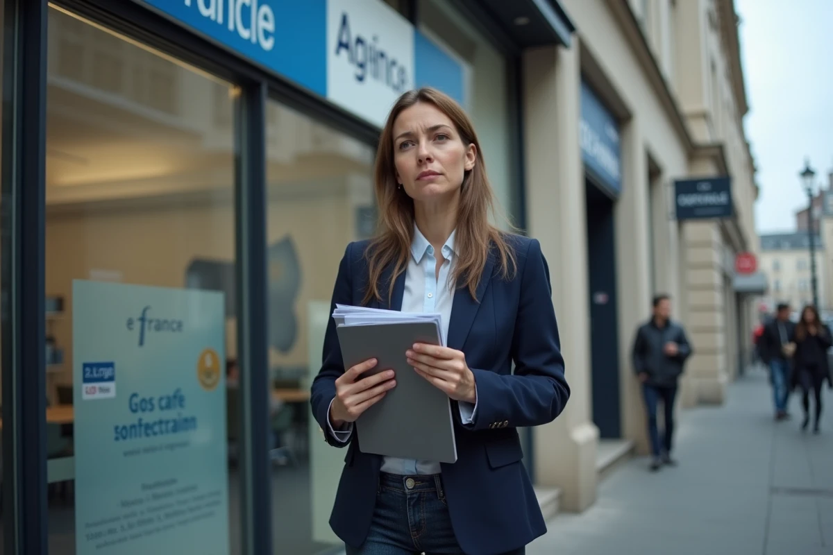 Femme devant une agence France Travail tenant des documents administratifs, illustrant les démarches liées à la désinscription et au risque de suspension des allocations chômage